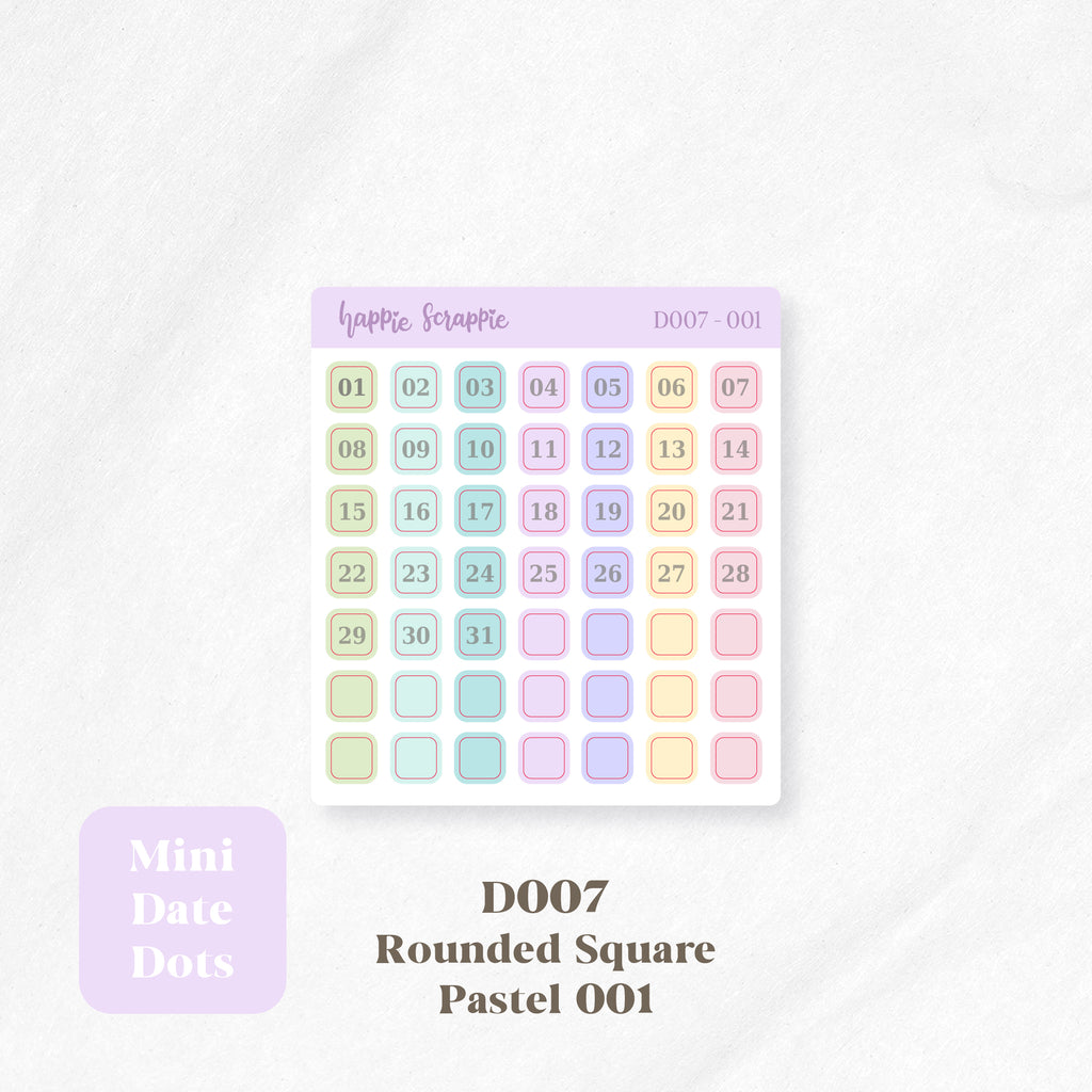 Mini Stickers : Date Dots (Rounded Squares) // D007