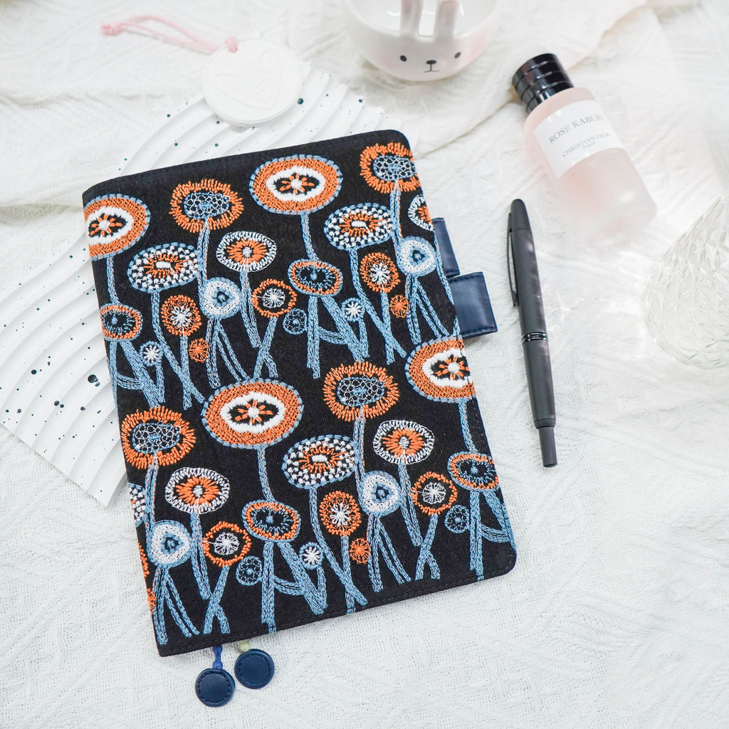 Planner Cover : Black / Orange-Blue Floral Embroidery Fabric (B6) // Pre Order