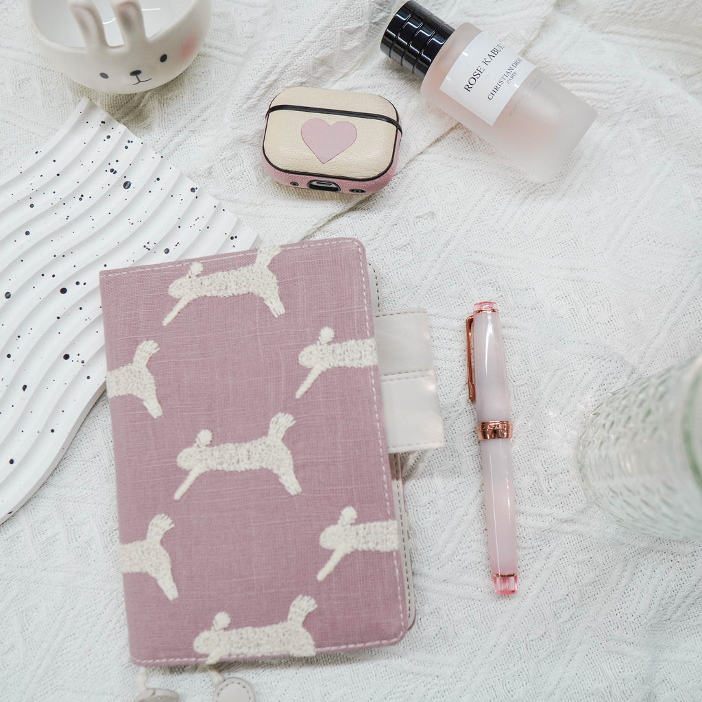 Planner Cover : Muted Pink /Off White Bunny Embroidery Fabric (TN Passport) // Pre Order