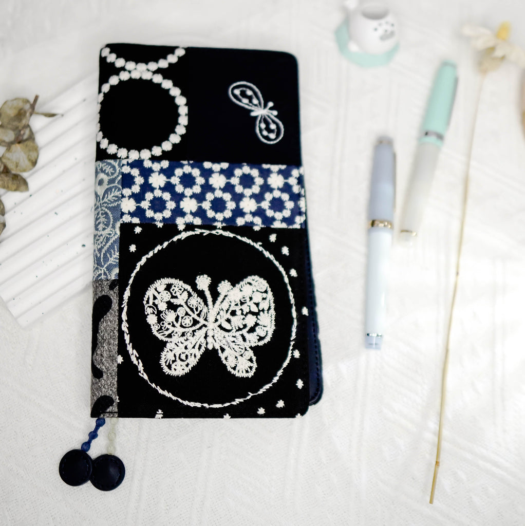 Planner Cover : Dark Blue & White Butterfly Embroidered Patch Work Fabric (TN Standard) // Pre Order