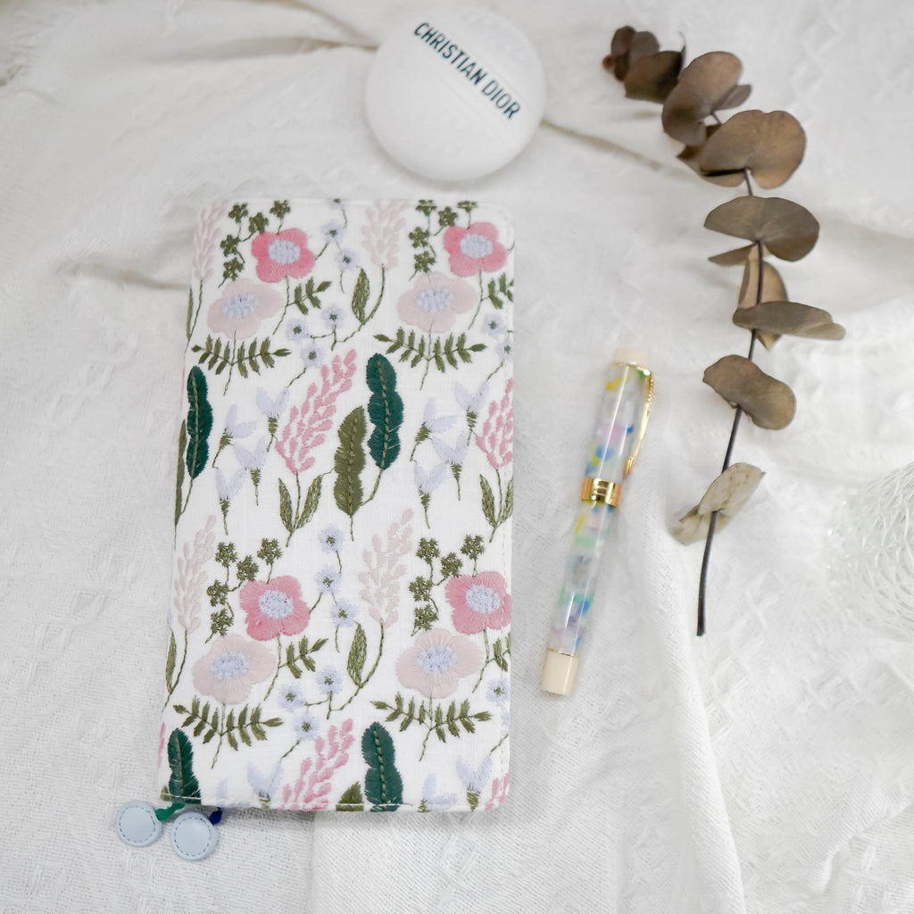 Planner Cover : Pink / White Floral Embroidery Fabric (TN Passport) // Pre Order