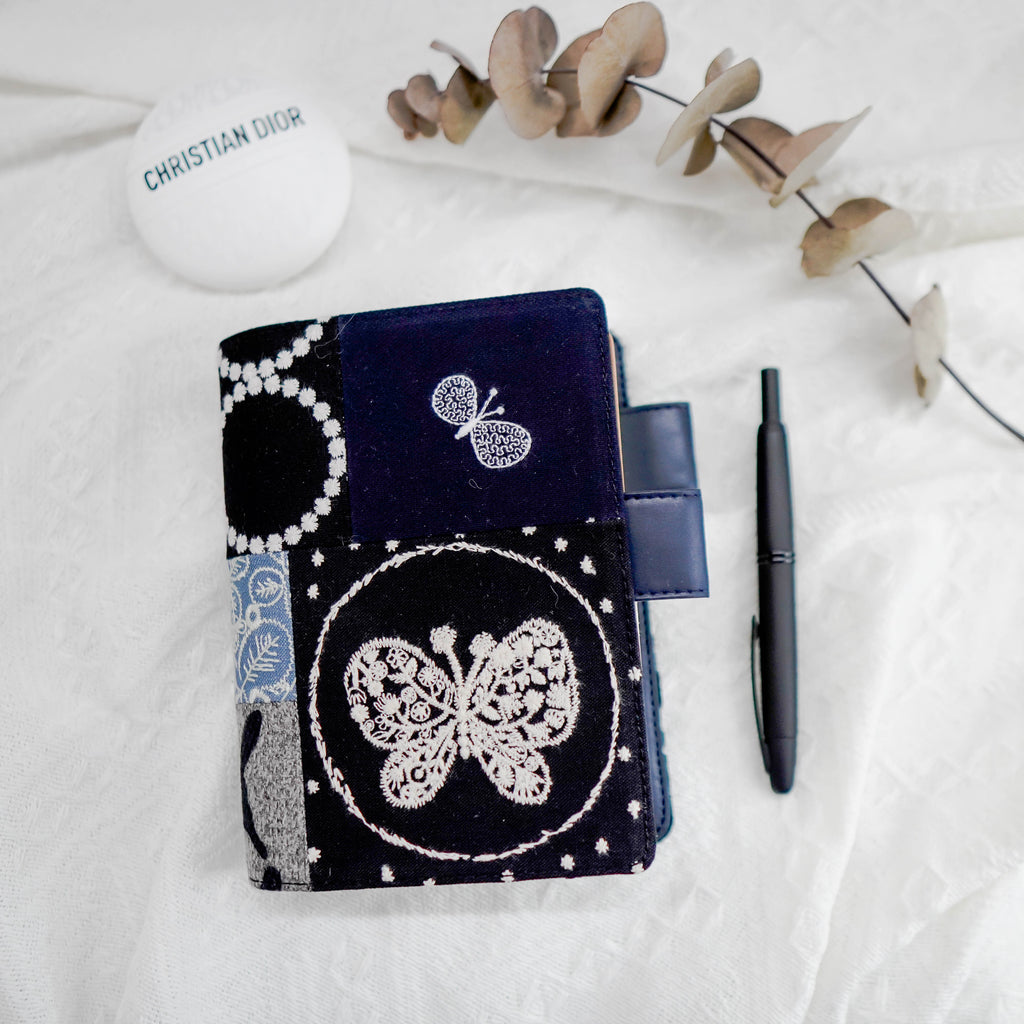 Planner Cover : Dark Blue & White Butterfly Embroidered Patch Work Fabric (A6 / Hobo Techo) // Pre Order