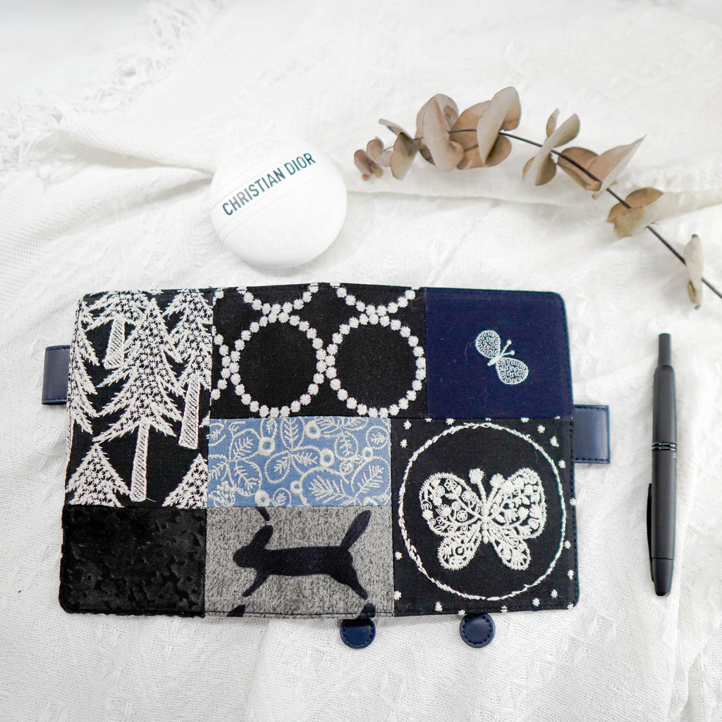 Planner Cover : Dark Blue & White Butterfly Embroidered Patch Work Fabric (A6 / Hobo Techo) // Pre Order