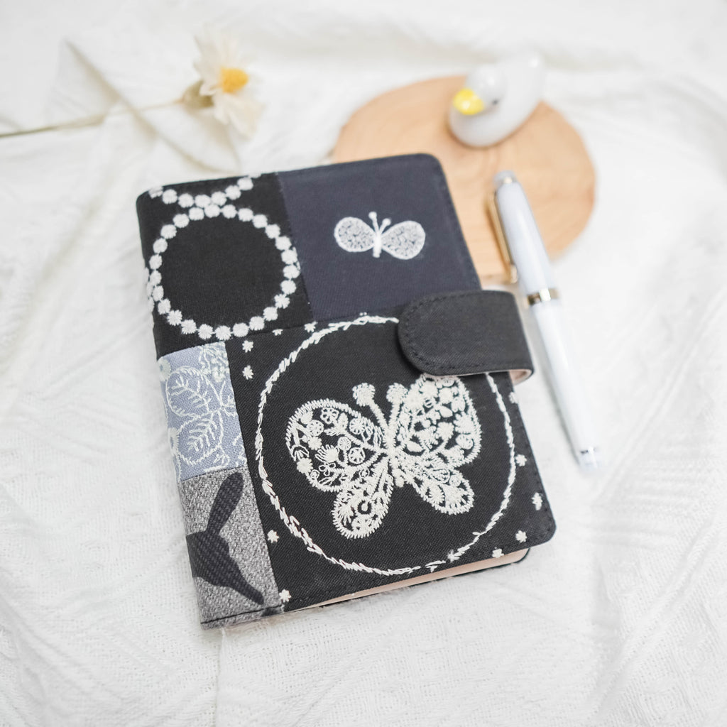 Planner Cover : Dark Blue & White Butterfly Embroidered Patch Work Fabric (TN Passport) // Pre Order