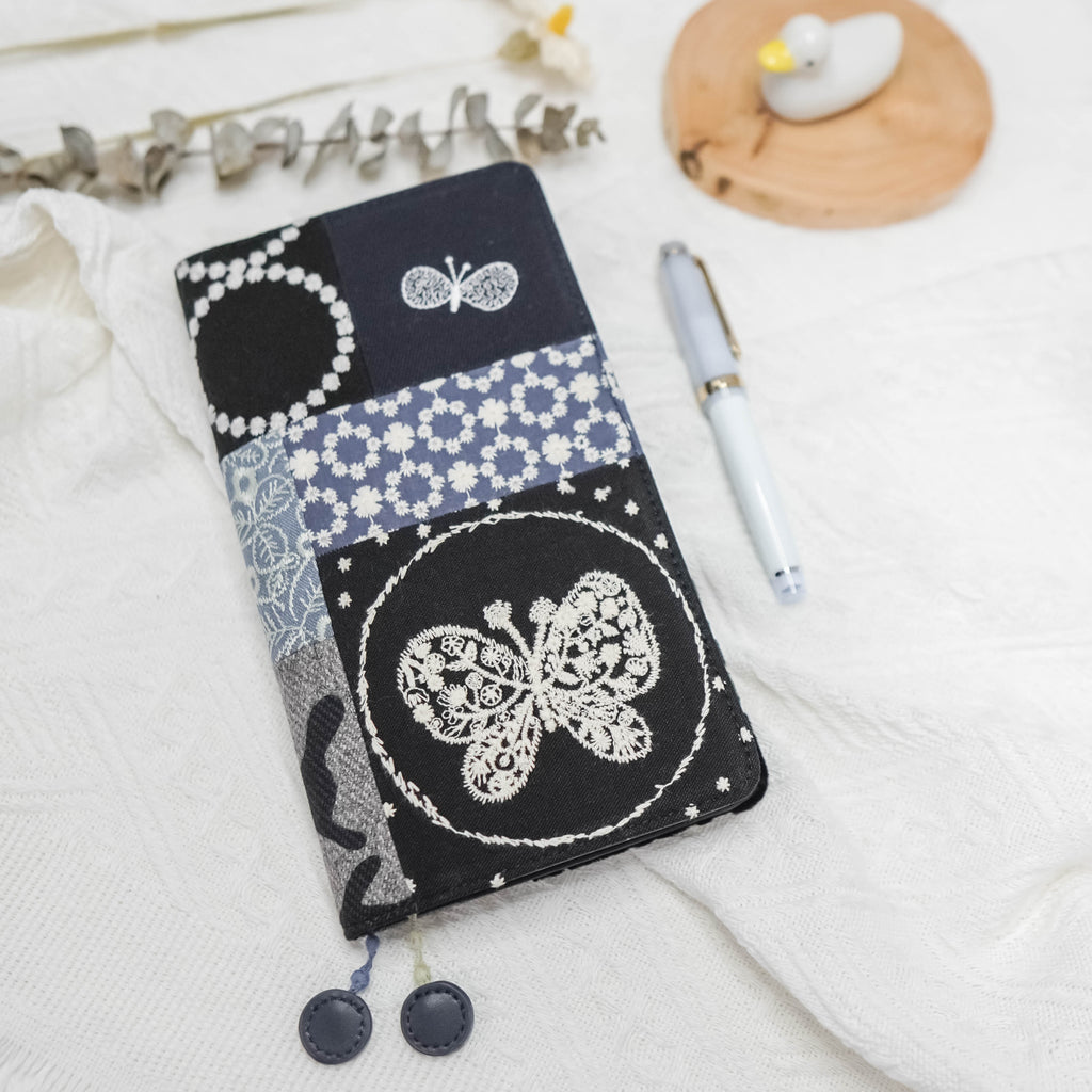 Planner Cover : Dark Blue & White Butterfly Embroidered Patch Work Fabric (TN Standard) // Pre Order