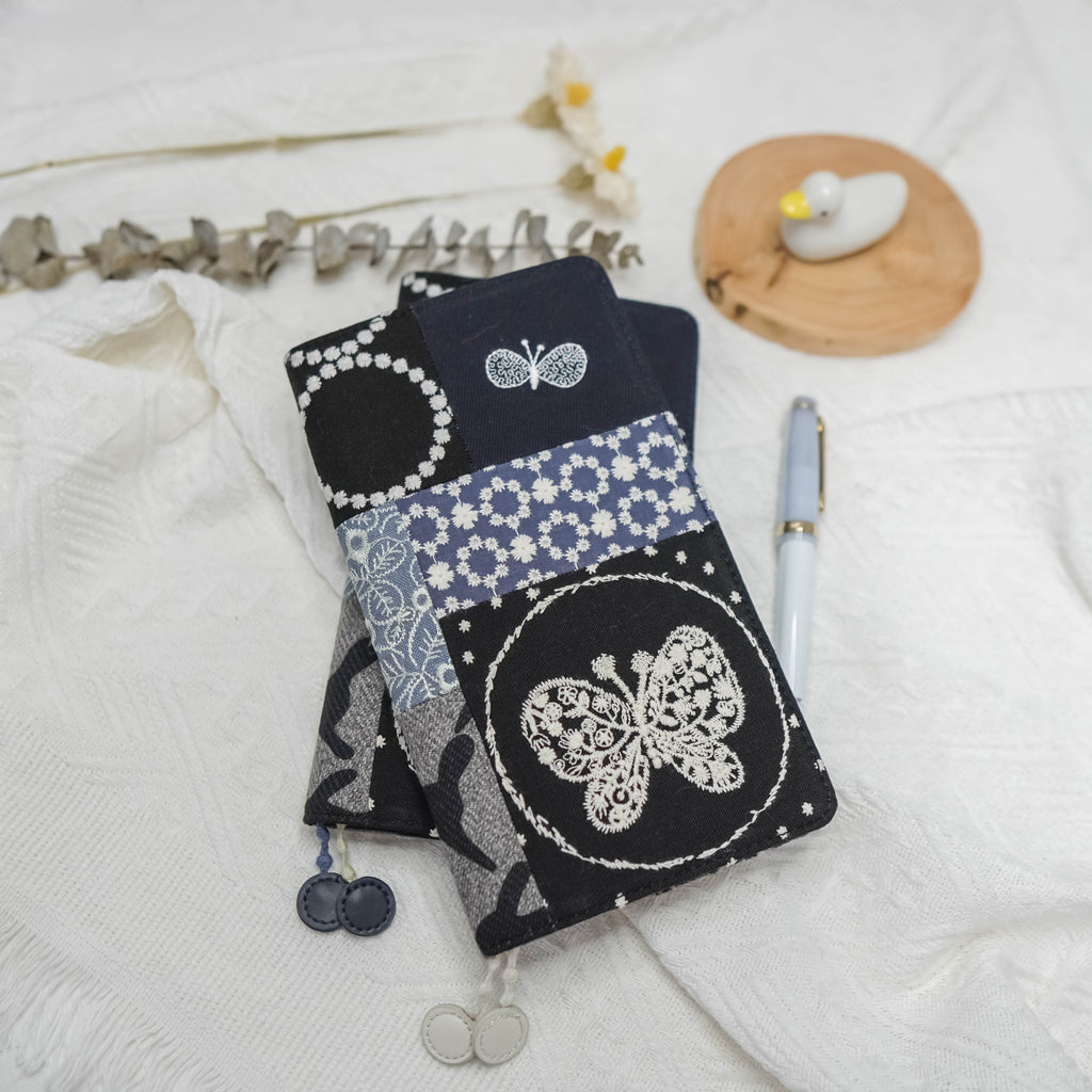 Planner Cover : Dark Blue & White Butterfly Embroidered Patch Work Fabric (Hobo Weeks) // Pre Order