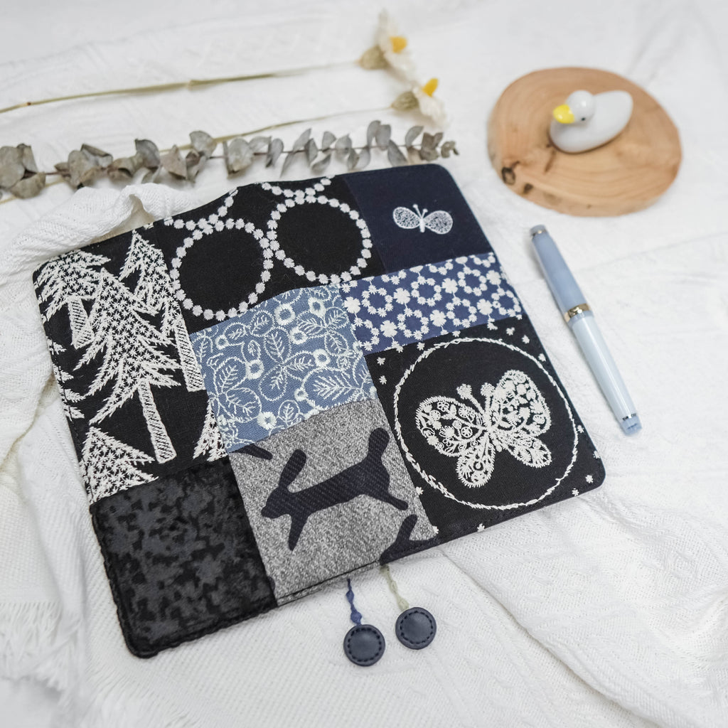 Planner Cover : Dark Blue & White Butterfly Embroidered Patch Work Fabric (Hobo Weeks) // Pre Order