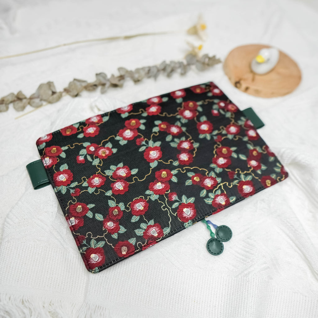 Planner Cover : Red / Dark Green Floral Embroidery (Gold Accent) Fabric (A6 / Hobo Techo) // Pre Order