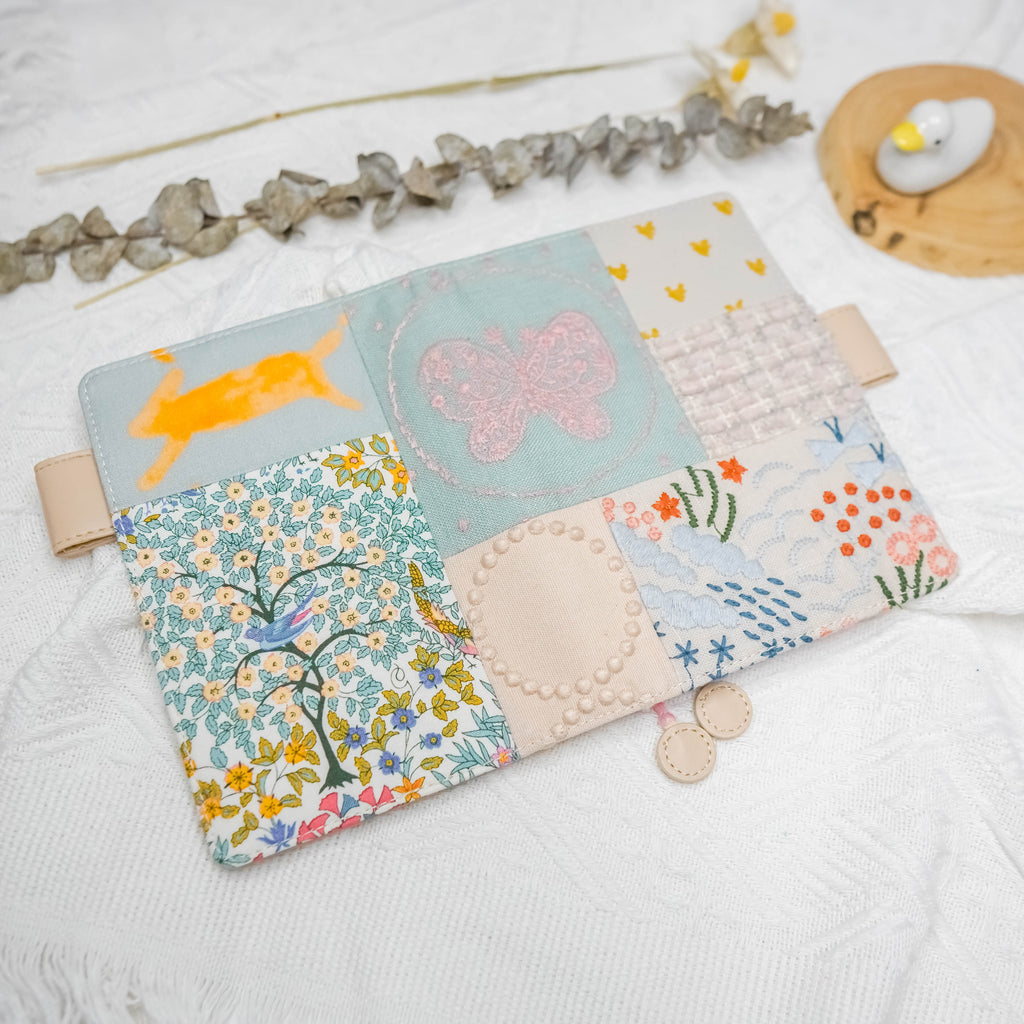 Planner Cover : Pink & Light Blue Butterfly Embroidered Patch Work Fabric (A6 / Hobo Techo) // Pre Order