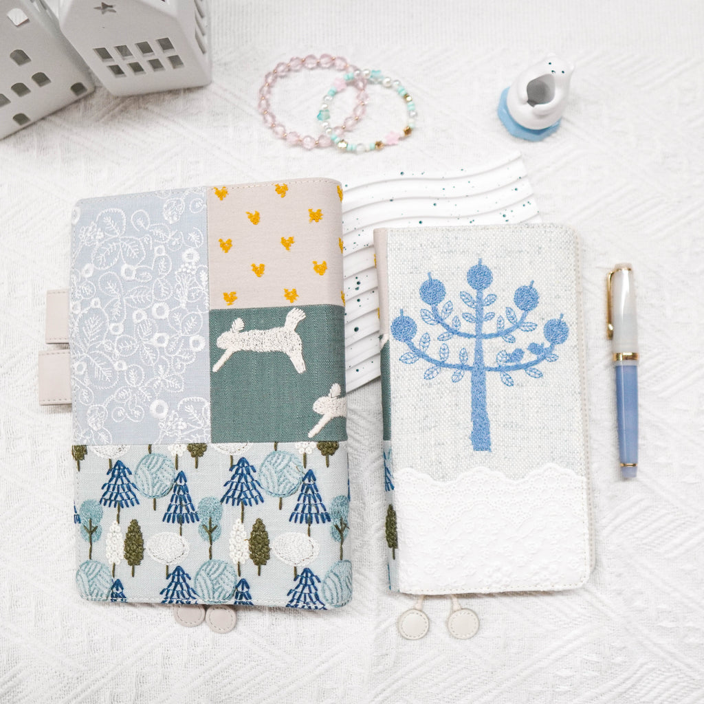 Planner Cover : Blue Tree & White Lace Embroidered Patch Work Fabric (Hobo Weeks) // Pre Order