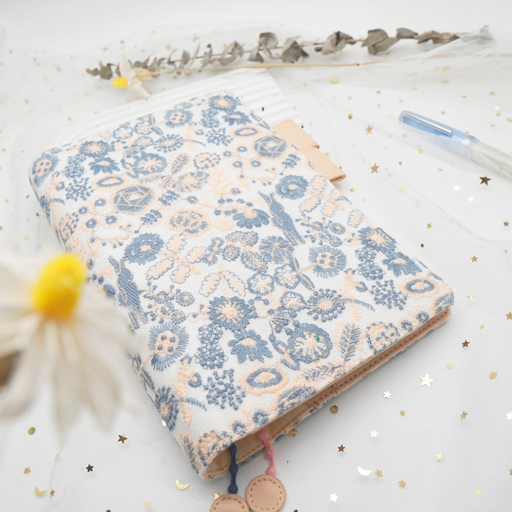 Planner Cover : Blue White Embroidered Bunny Fabric (A5 / Hobo Cousin) // Pre Order