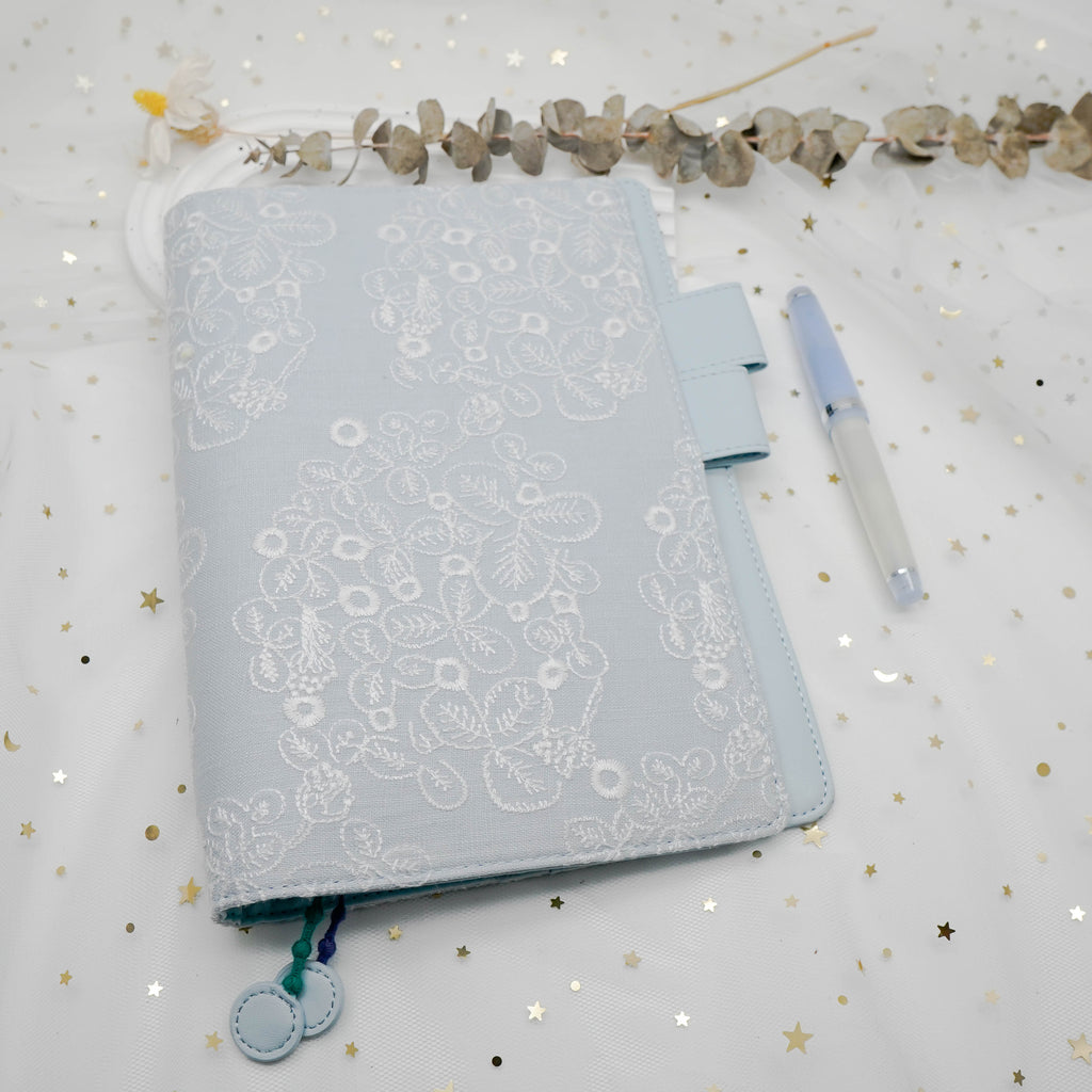 Planner Cover : Light Blue White Embroidery Fabric (A5 / Hobo Cousin) // Pre Order