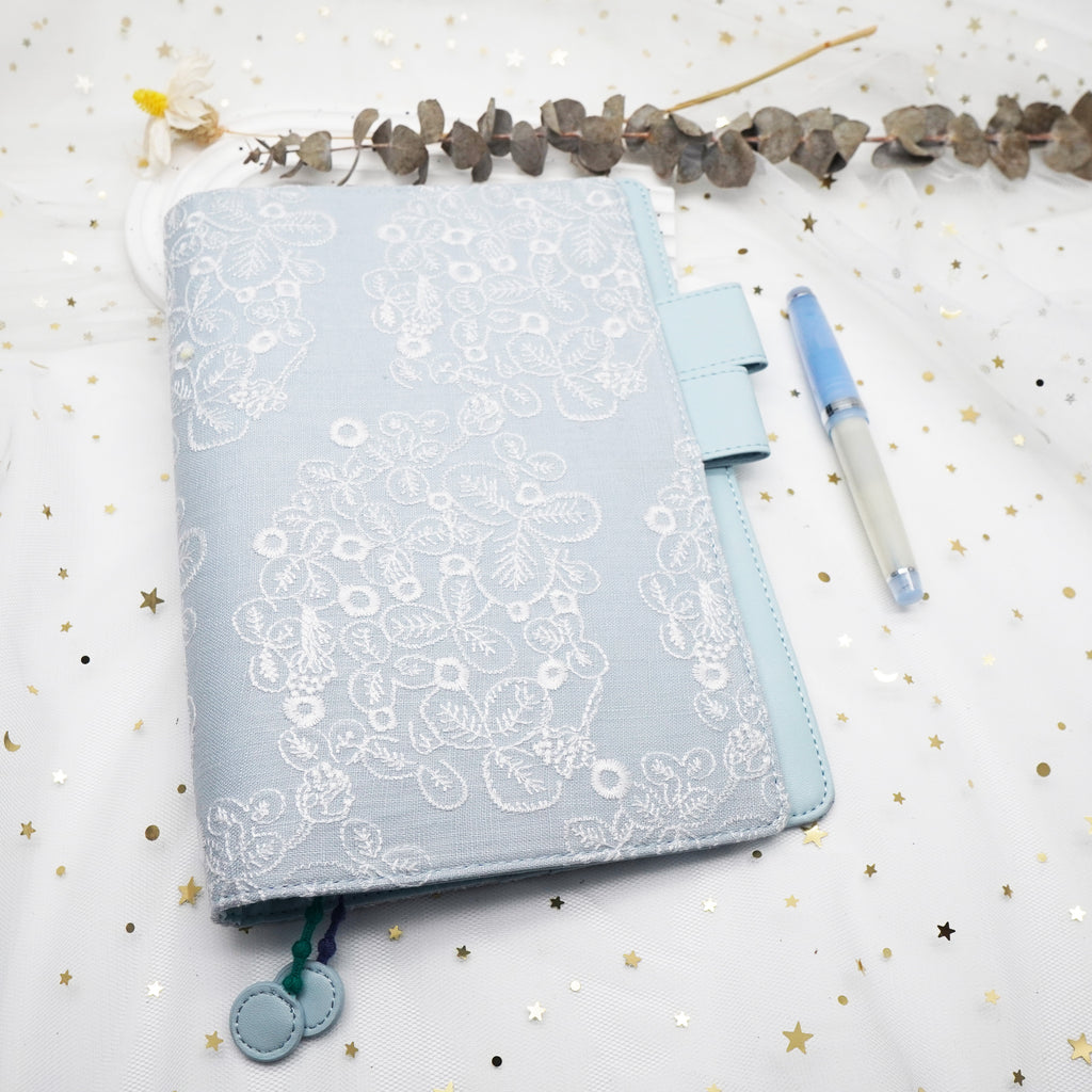 Planner Cover : Light Blue White Embroidery Fabric (Hobo Weeks) // Pre Order