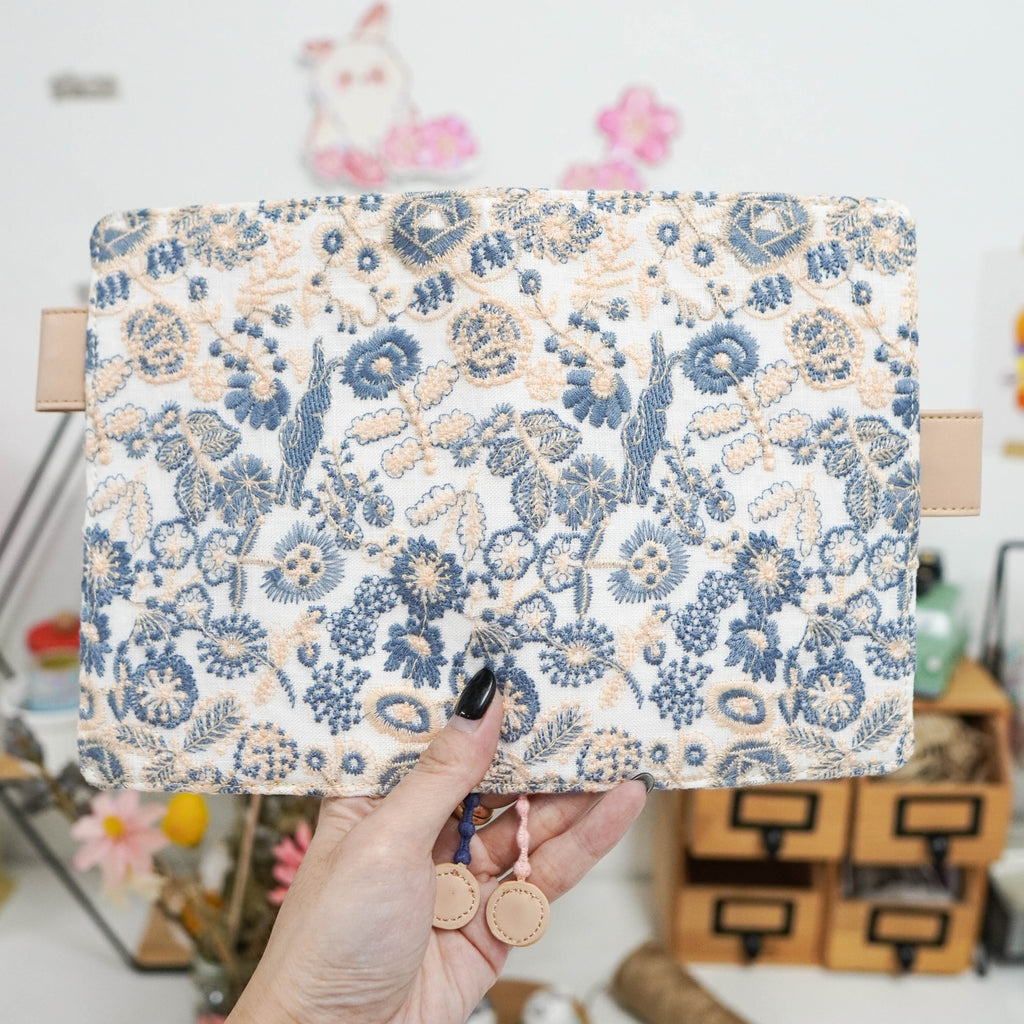 Planner Cover : Blue White Embroidered Bunny Fabric (TN Standard) // Pre Order