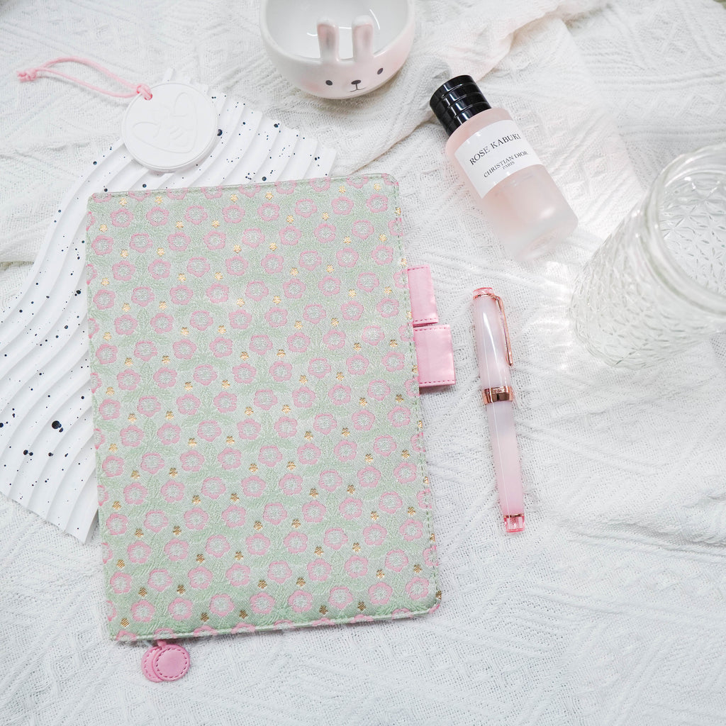 Planner Cover : Pink Mint Sakura With Gold Accent Fabric (A6 / Hobo Techo) // Pre Order