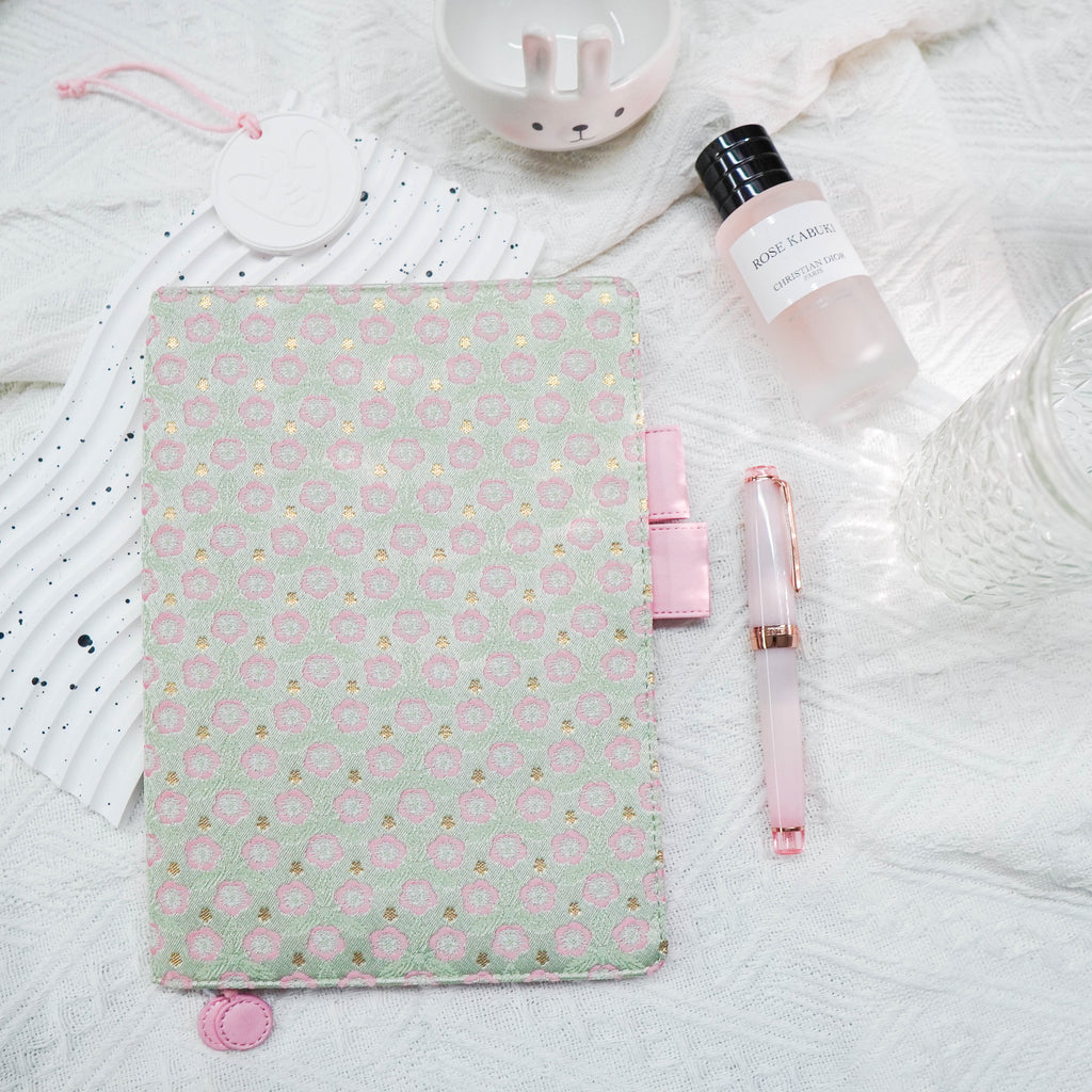 Planner Cover : Pink Mint Sakura With Gold Accent Fabric (Hobo Weeks) // Pre Order