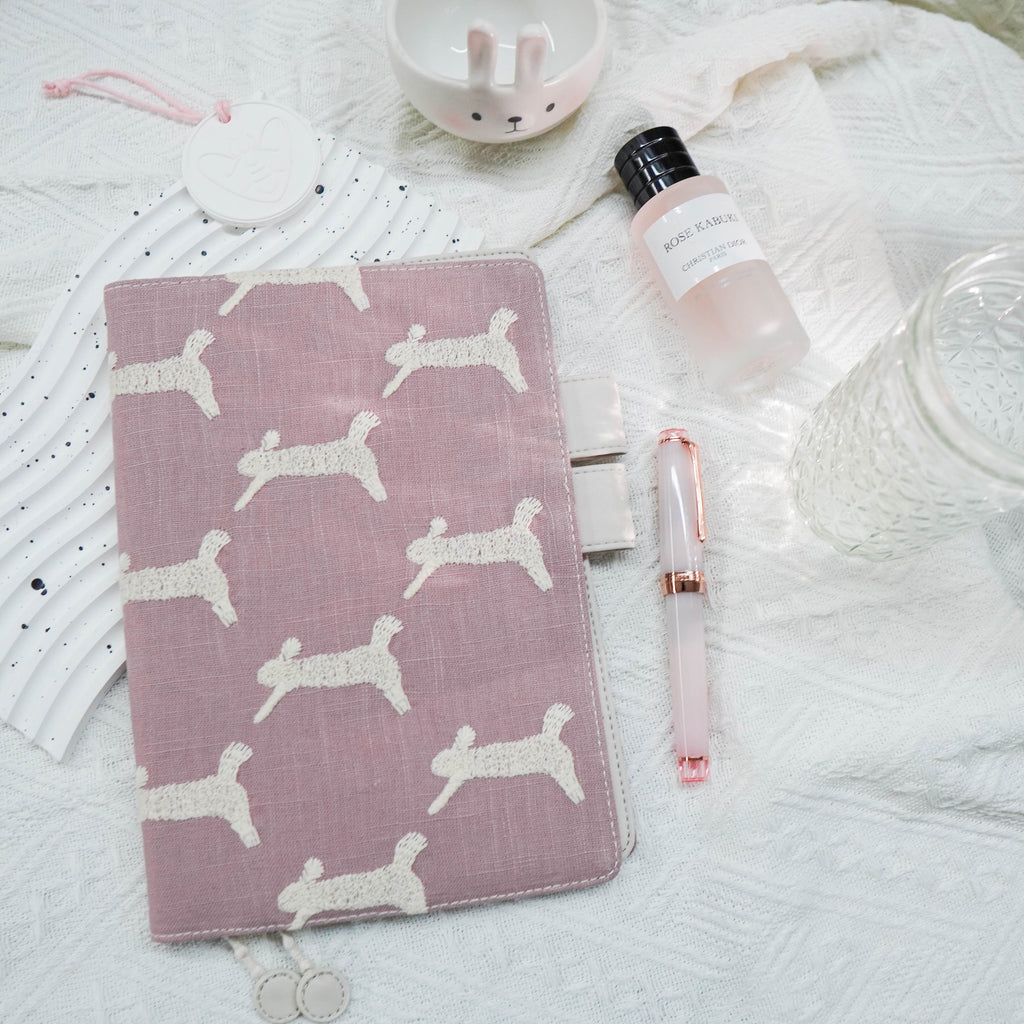Planner Cover : Muted Pink /Off White Bunny Embroidery Fabric (A5 / Hobo Cousin) // Pre Order