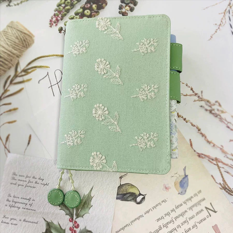 Planner Cover : Mint White Floral Embroidery Fabric (TN Passport) // Pre Order