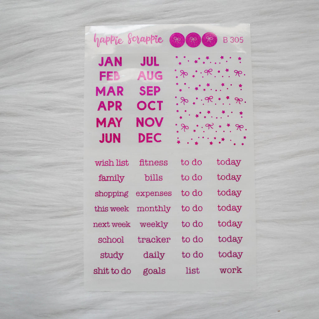 Planner Stickers : Foiled Month & Headers  (B305) // Clear Label Sticker