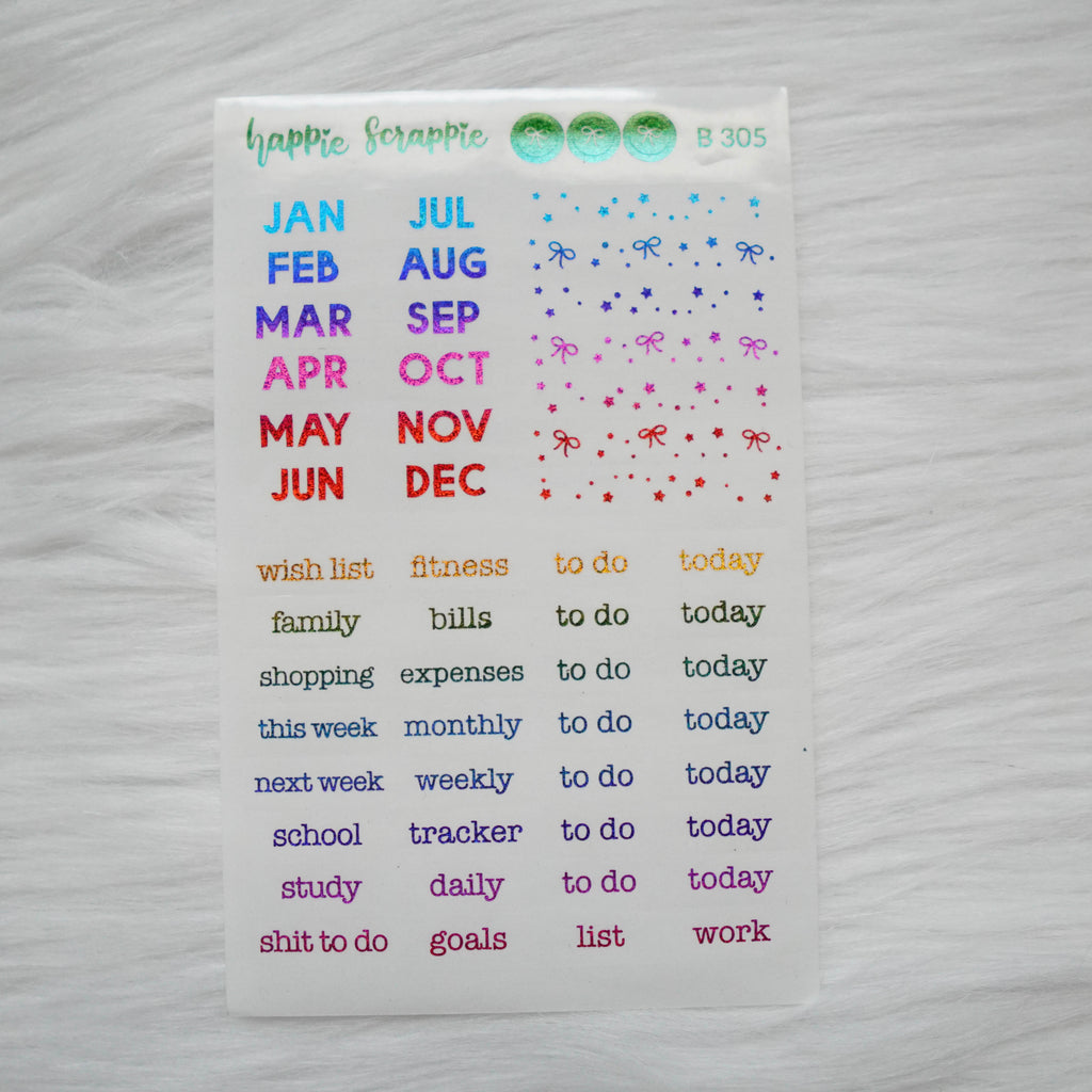 Planner Stickers : Foiled Month & Headers  (B305) // Clear Label Sticker