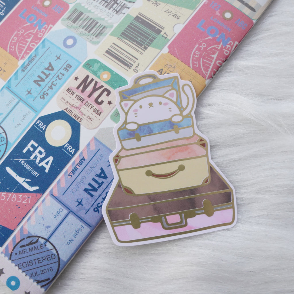 Die Cut Stickers : Let's Go Travel - Stack Luggage Cat & Dog   // Matte Gold Foiled