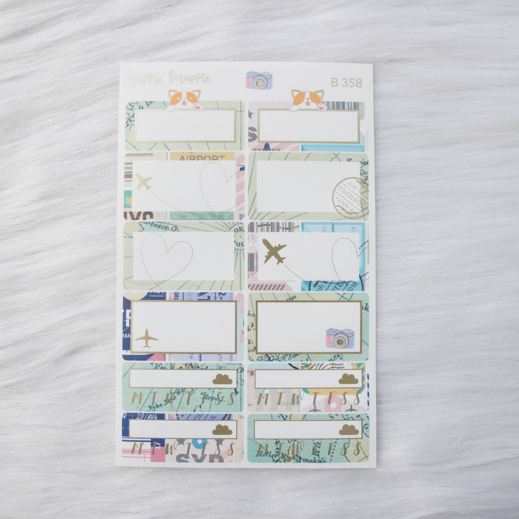 Planner Stickers : Let's Go Travel - Quarter Boxes & Tracker (B358)  // Matte Gold Foiled