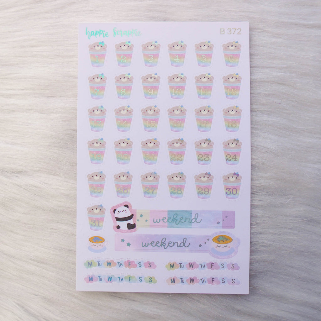 Planner Stickers : Positivi-TEA Boba Bear - Date Dots (B372)  // Holo Silver Foiled