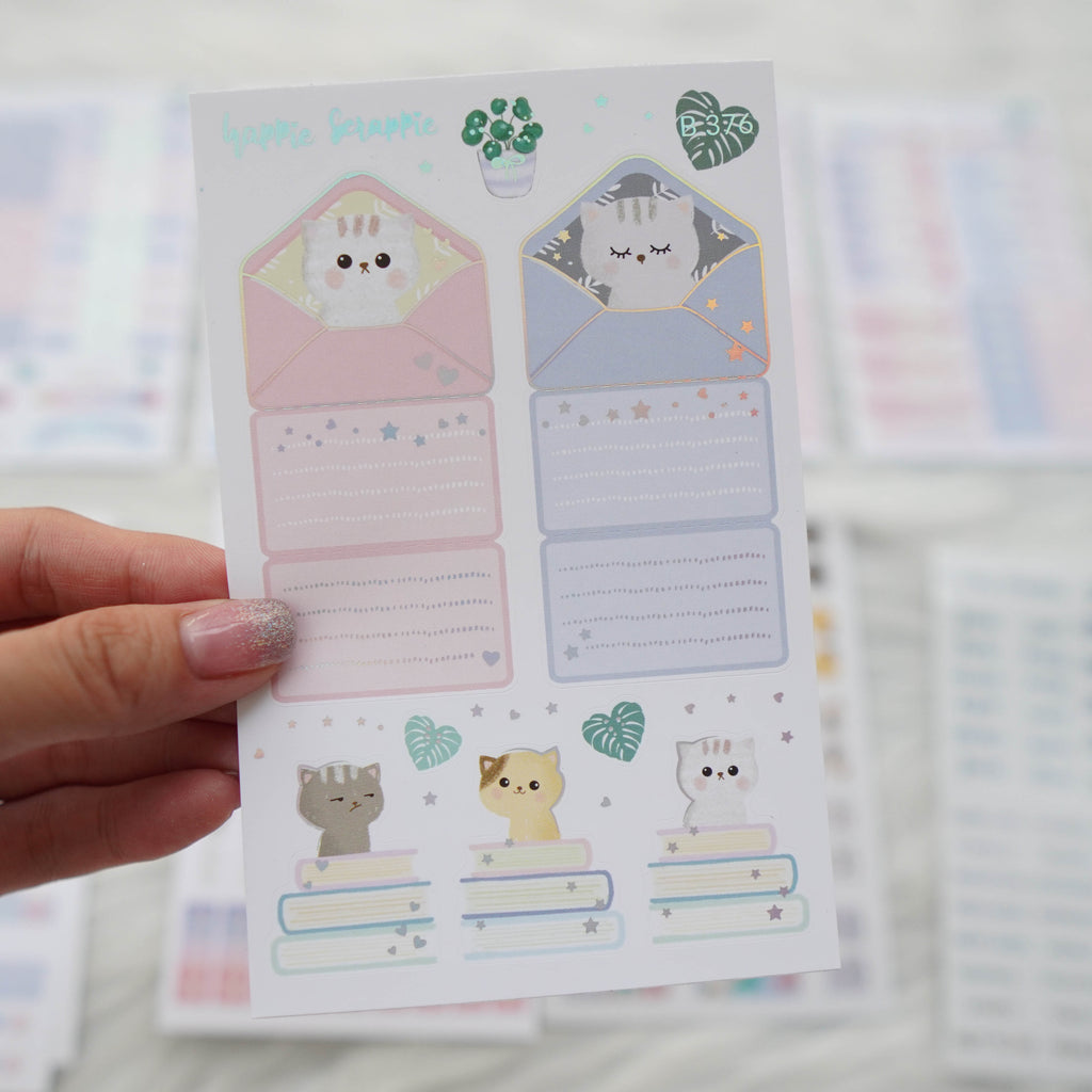 Planner Stickers : Fave Things Kitty - Foldable Boxes & Notes (B376)  // Holo Silver Foiled