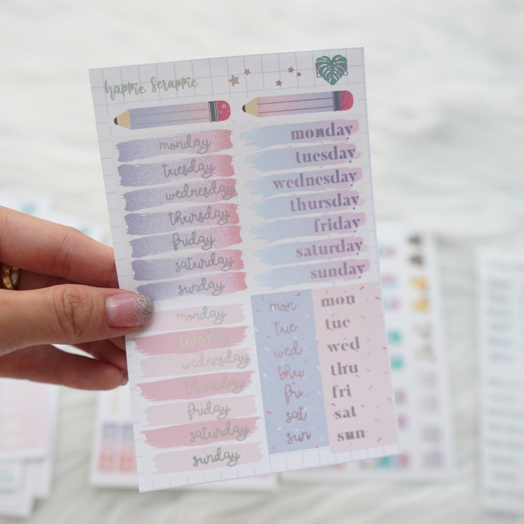 Planner Stickers : Fave Things Kitty  // Foiled Skinny Date Cover (B373) - 2 sheets