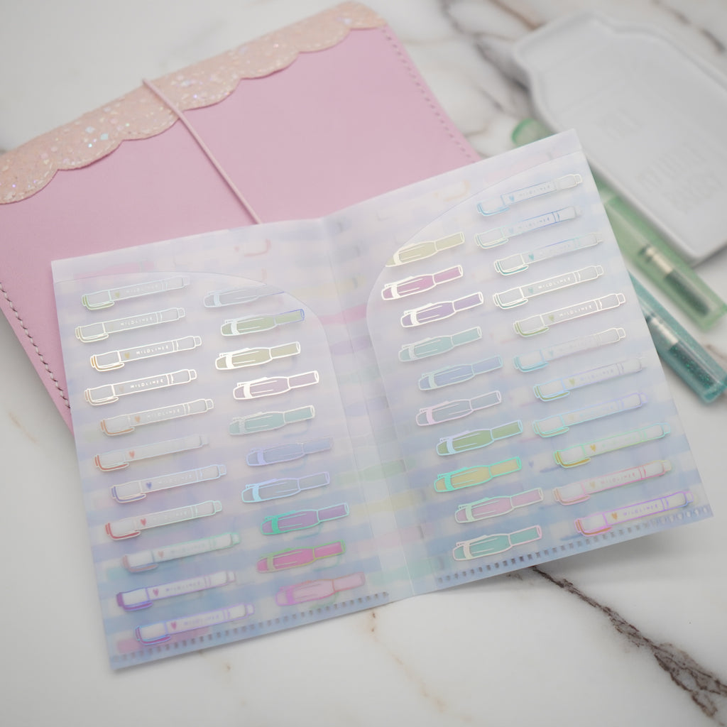 Regular Sticker Folder :  Blue Mildliner & Fountain Pens Storage Folder (Holo Silver Foiled)