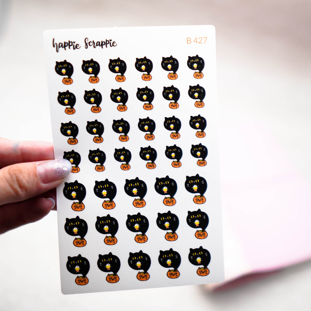 Planner Stickers : Happie Halloween // Black Kitty with Pumpkin (B427)