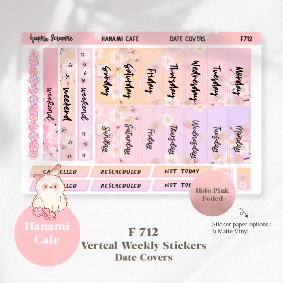 Vertical Weekly Sticker : Hanami Cafe // Holo Pink Foiled (F707 - F714)