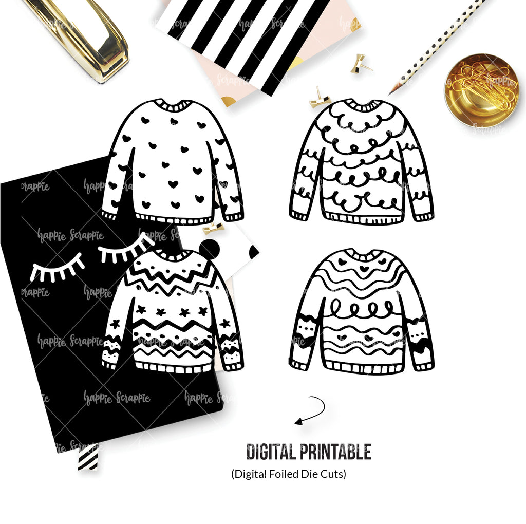 DIGITAL DOWNLOAD! - No Physical Product : Bundle Up / Winter Sweaters (Foil-Ready / Black Line Art)