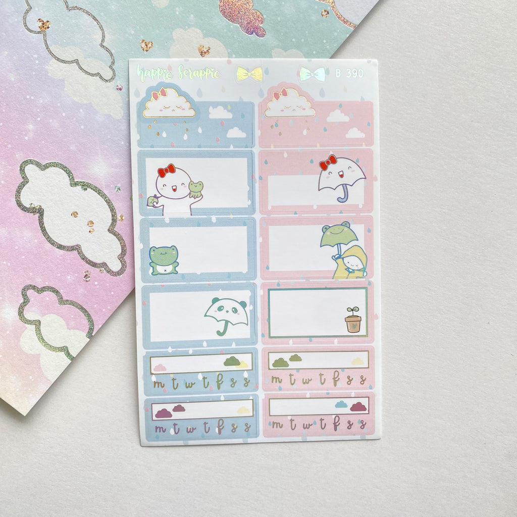 Planner Stickers : Spring Shower //  Half Boxes & Habit Tracker (B390)  // Holo Silver Foiled (Collab with OMWL)