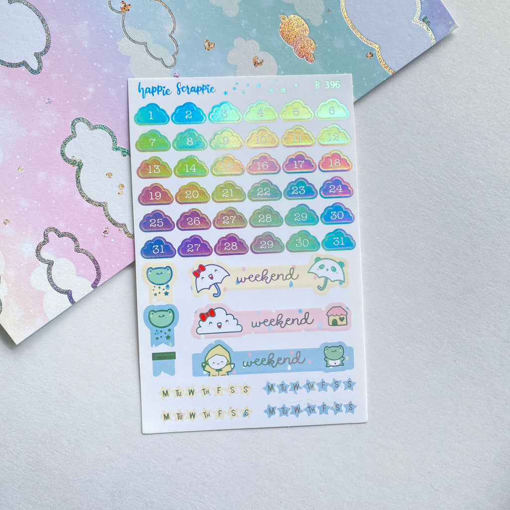 Planner Stickers : Spring Shower  // Foiled Cloud Date Numbers (B396)